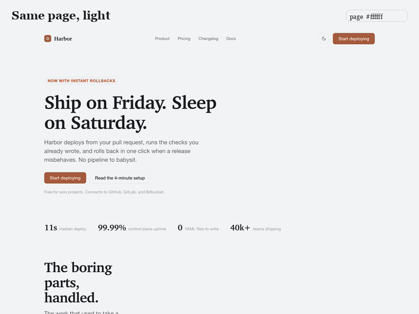 The sample page crossfading between light and dark