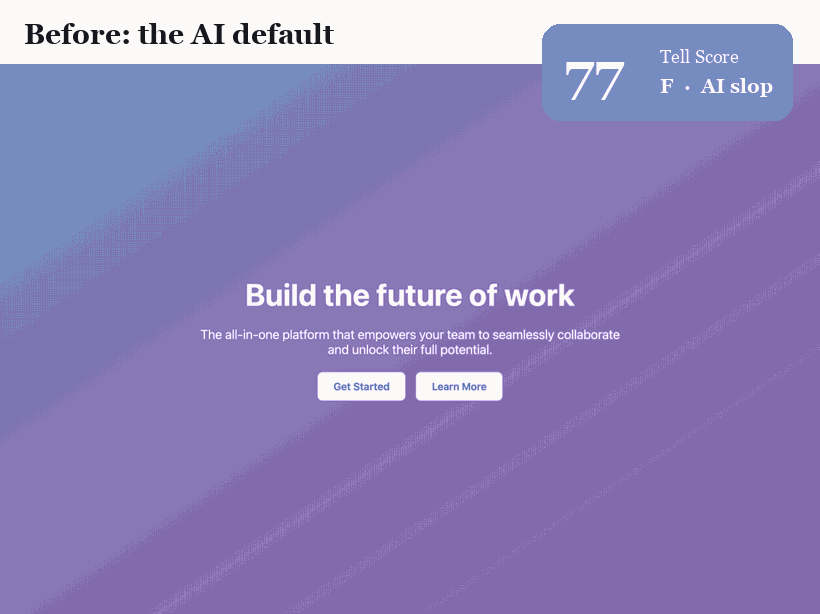Crossfade from the AI-default page to the refined page as the score counts down